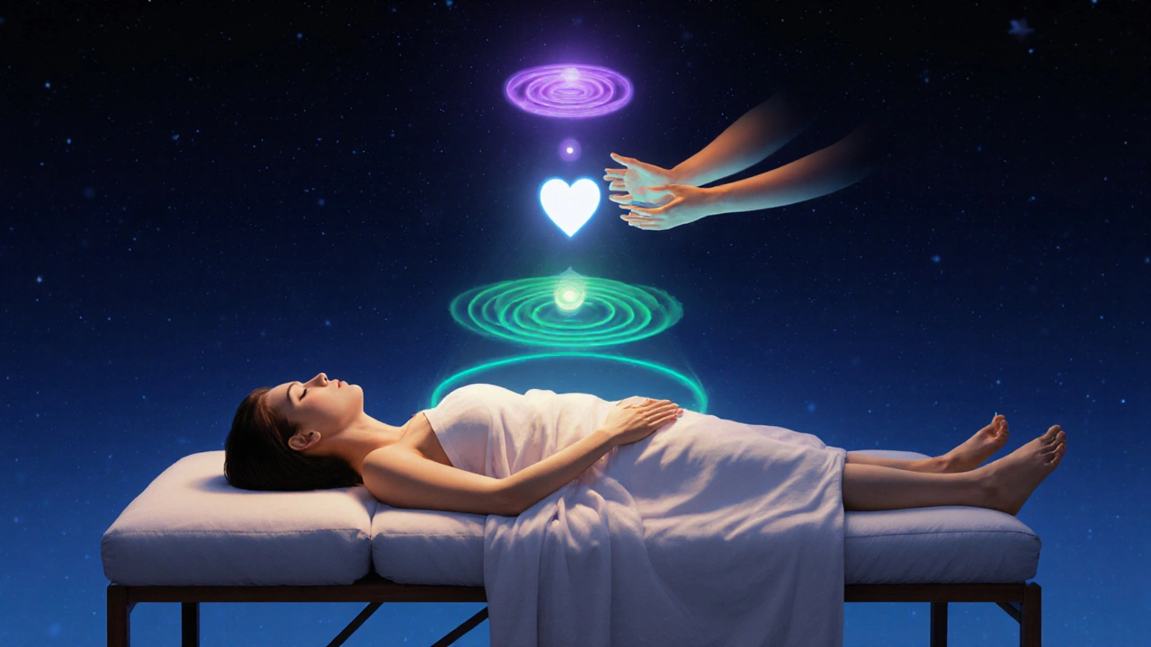 A figure surrounded by glowing chakra points and soft aura as hands hover over the body.
