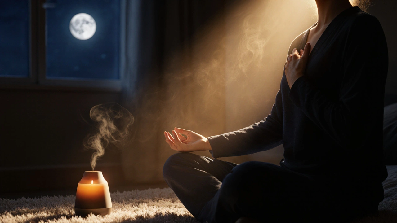 A person performing self‑Reiki at night, hands over heart with golden light surrounding them.