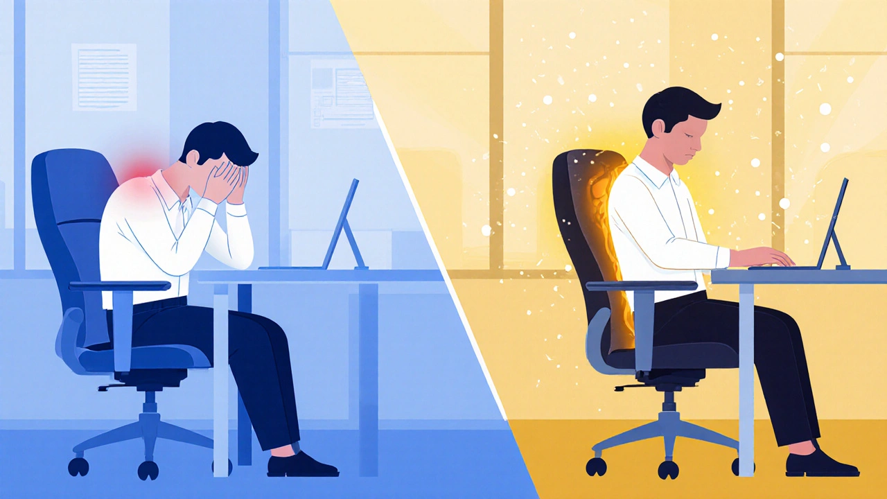 Before‑and‑after view of an employee’s posture and mood during a chair‑massage session.