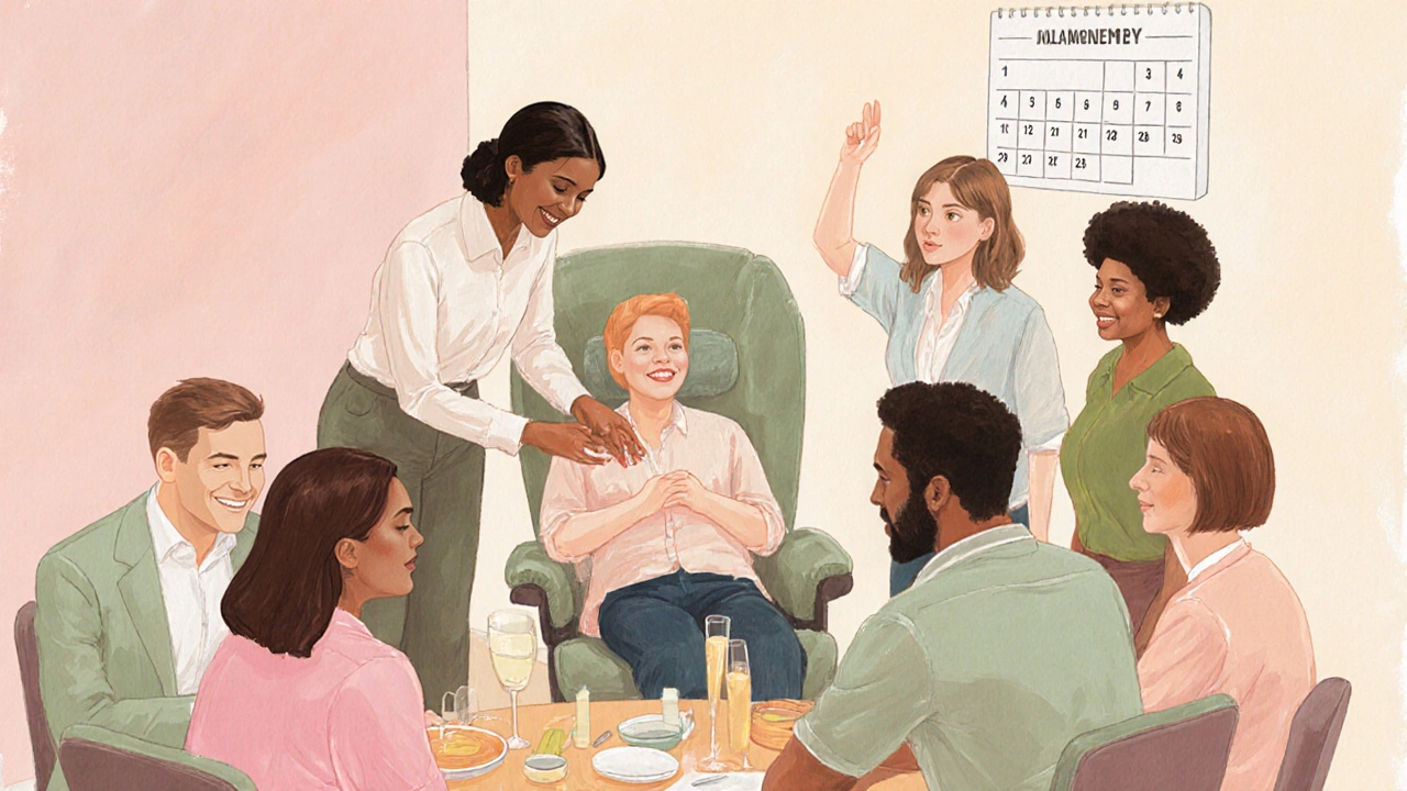 Happy employees gathered around a massage chair, celebrating a workplace wellness program.