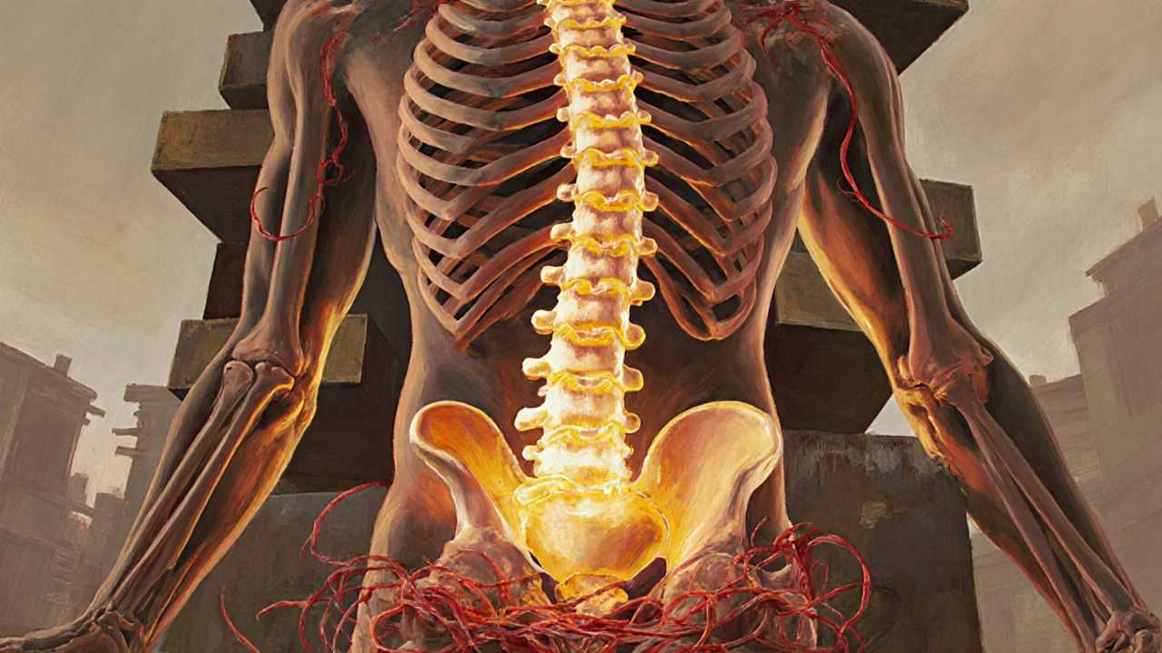 Human body depicted as a building with misaligned structural beams and released fascia.