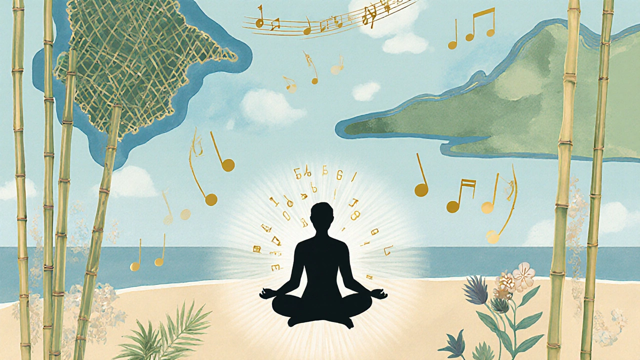 Illustration merges bamboo, Caribbean map, music notes, and a relaxed figure to symbolize the massage.