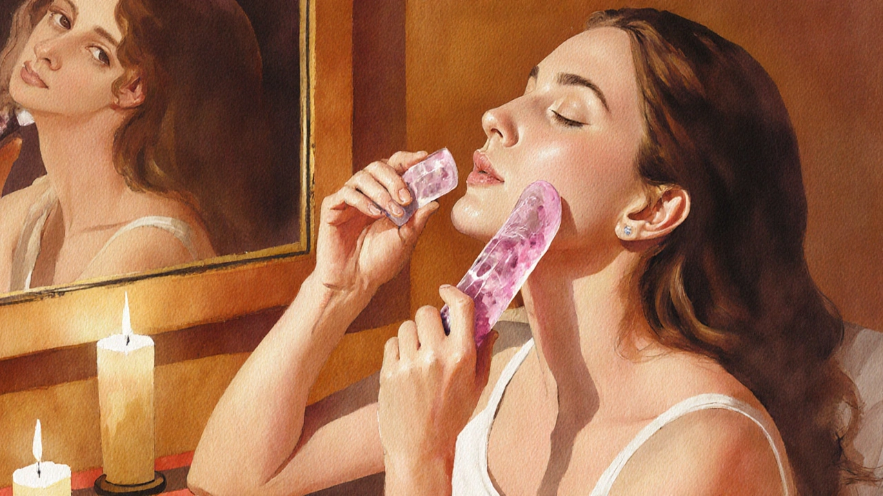 Illustration of a woman performing a gua sha routine with candlelight.
