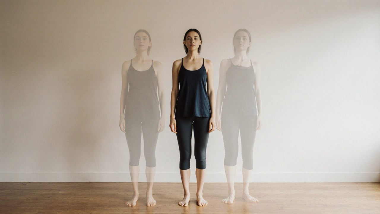 Person standing tall and balanced after Hellerwork, with fading image of past poor posture.