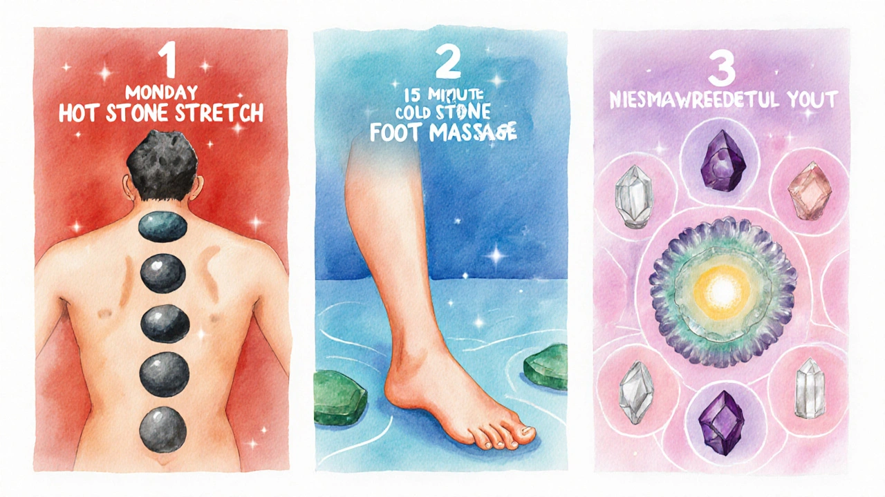 Series of three scenes showing a weekly stone therapy routine: hot stones, cold foot stones, crystal chakra layout.