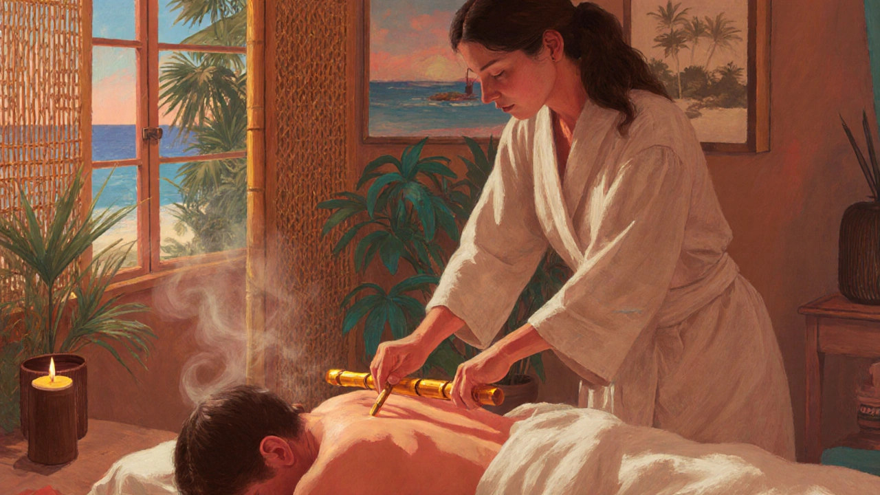 Therapist uses warm bamboo sticks on a client's back in a Caribbean‑styled spa.