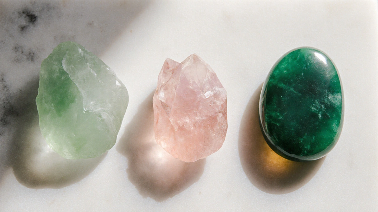 Three gua sha stones—jade, rose quartz, and Bian—displayed on marble.