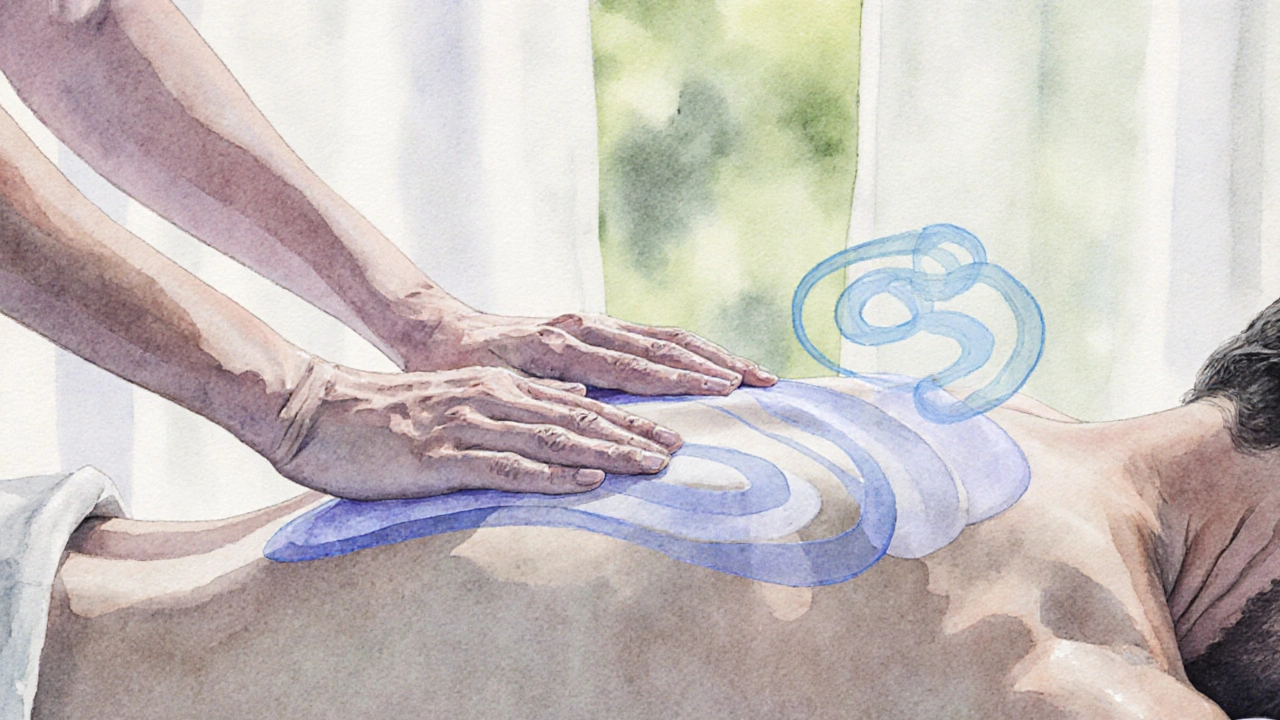 Watercolor of therapist&#039;s hands gliding on a back, showing rhythmic rocking and breathing swirls.
