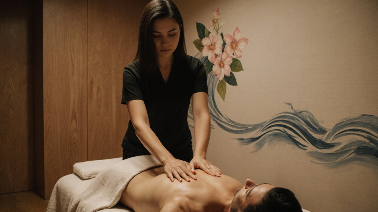 A therapist performing flowing lomi lomi massage in a calm, nature-inspired spa room.