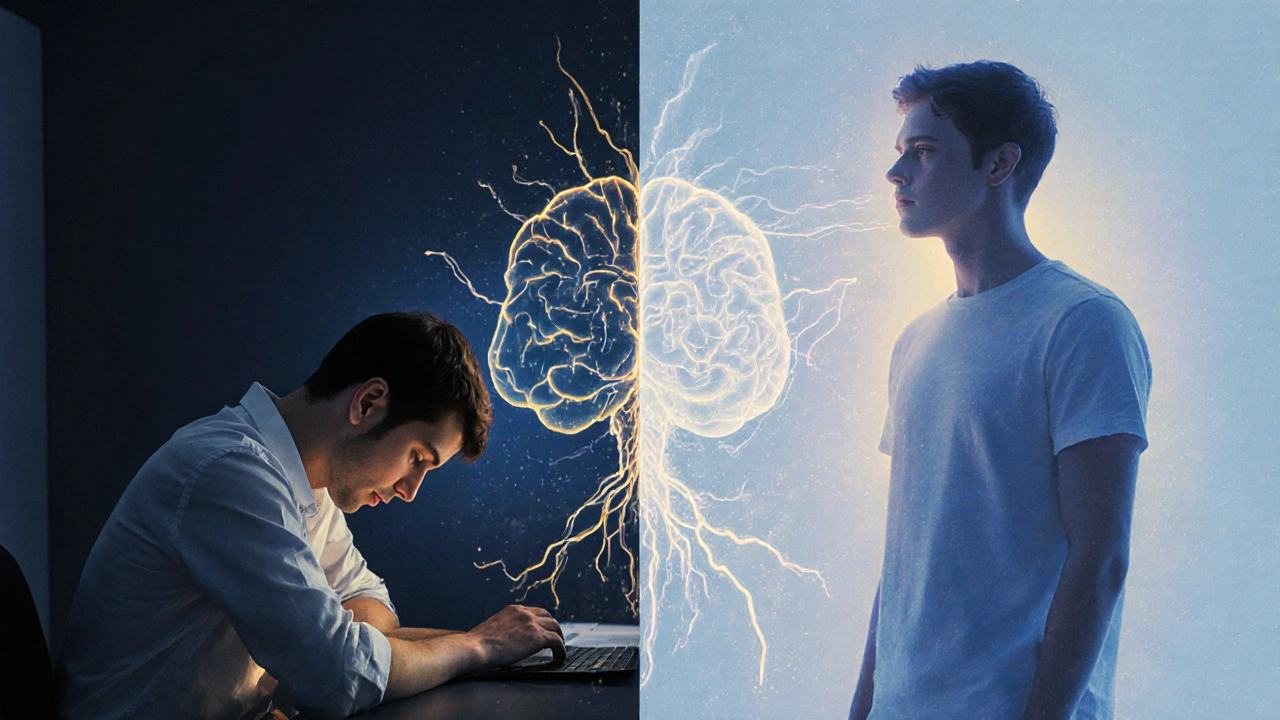 Before and after: a tense desk worker transformed into someone standing with ease, symbolizing nervous system relearning.