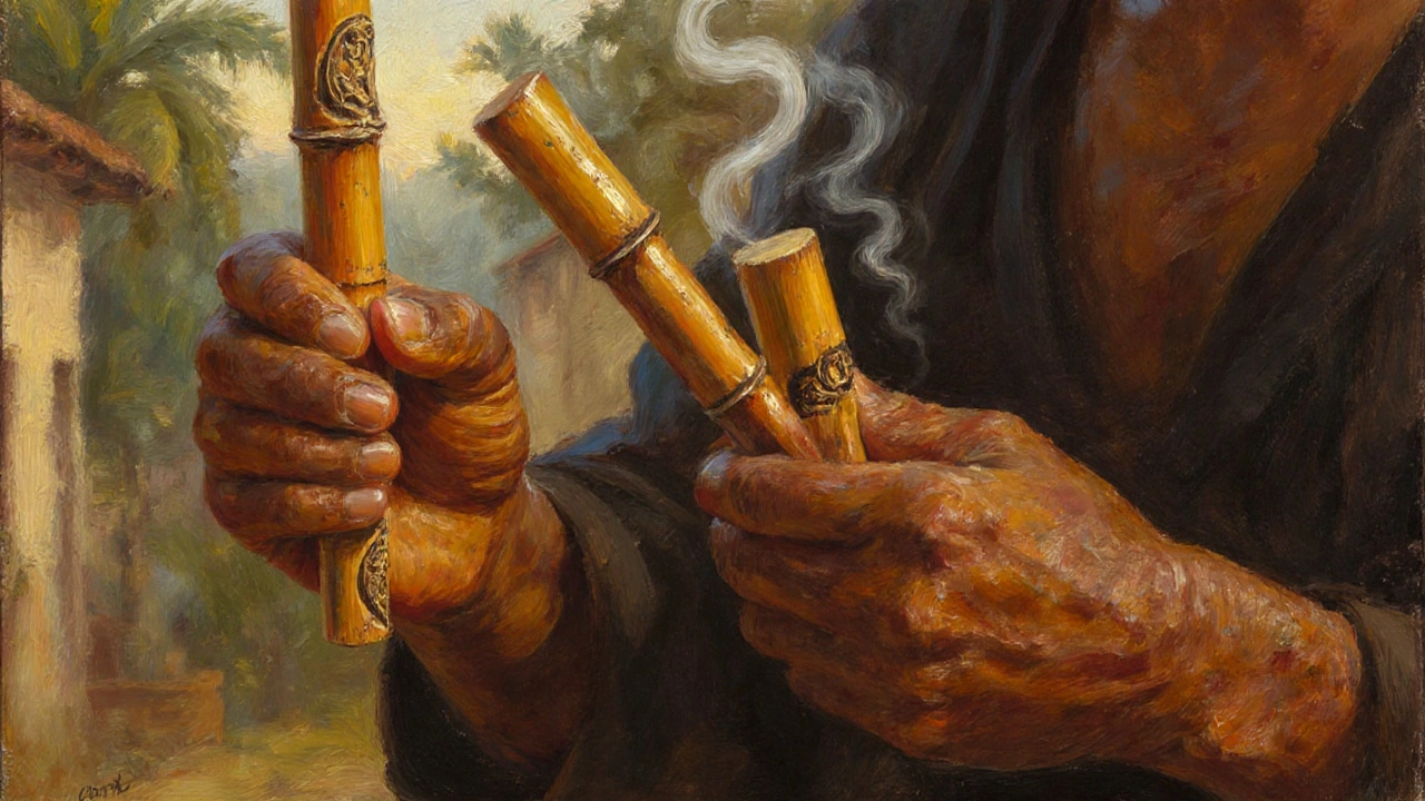 Close-up of hands holding carved bamboo sticks with steam rising near a shoulder.