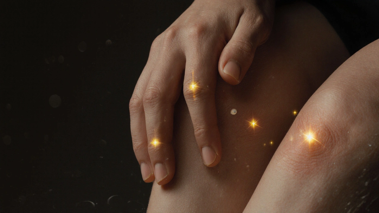 Close-up of three acupressure points glowing with subtle light, symbolizing neurochemical release during therapy.