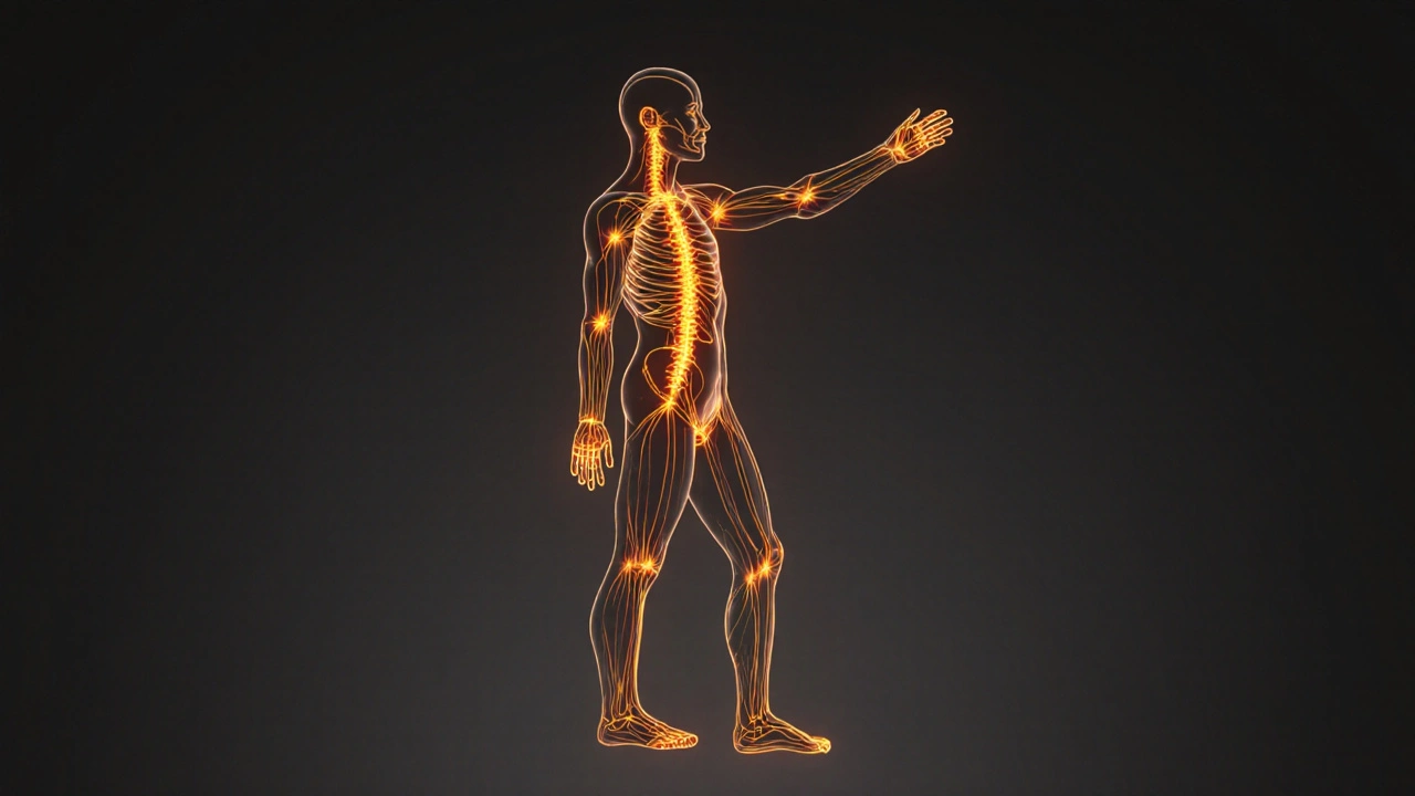 Glowing energy lines mapped along a human body, showing pressure points with warm light against a dark background.