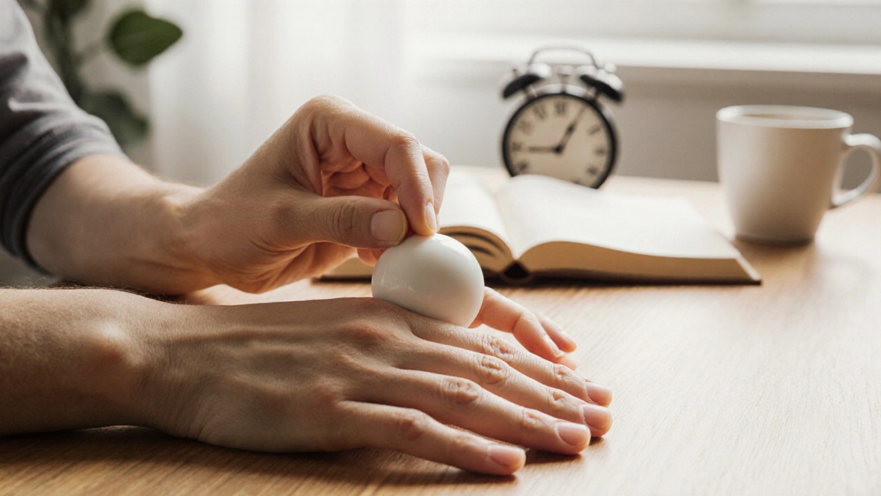 Hand pressing thumb against opposite hand in self-reflexology ritual at a wooden table.