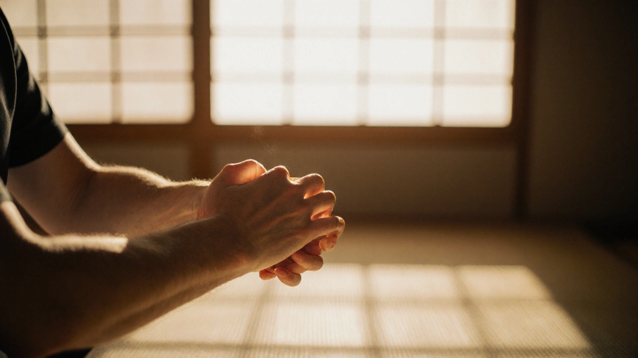 Hands pressing rhythmically on a forearm at a meridian point with warm, natural lighting.