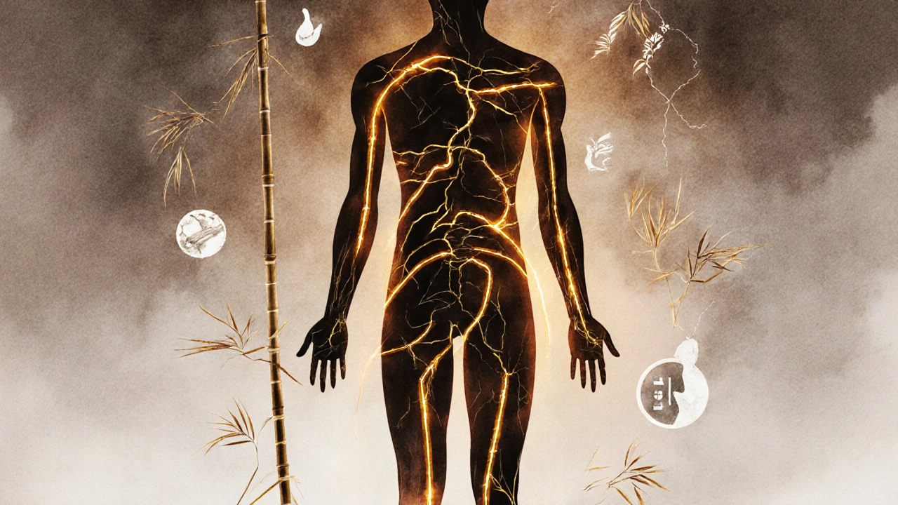 Silhouette with glowing pathways representing muscle release through bamboo massage.