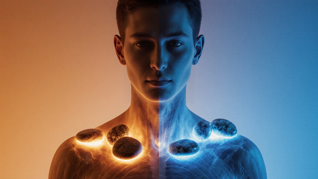 Split image showing warm stones on the body and cold stones on the face, representing thermal therapy contrast.