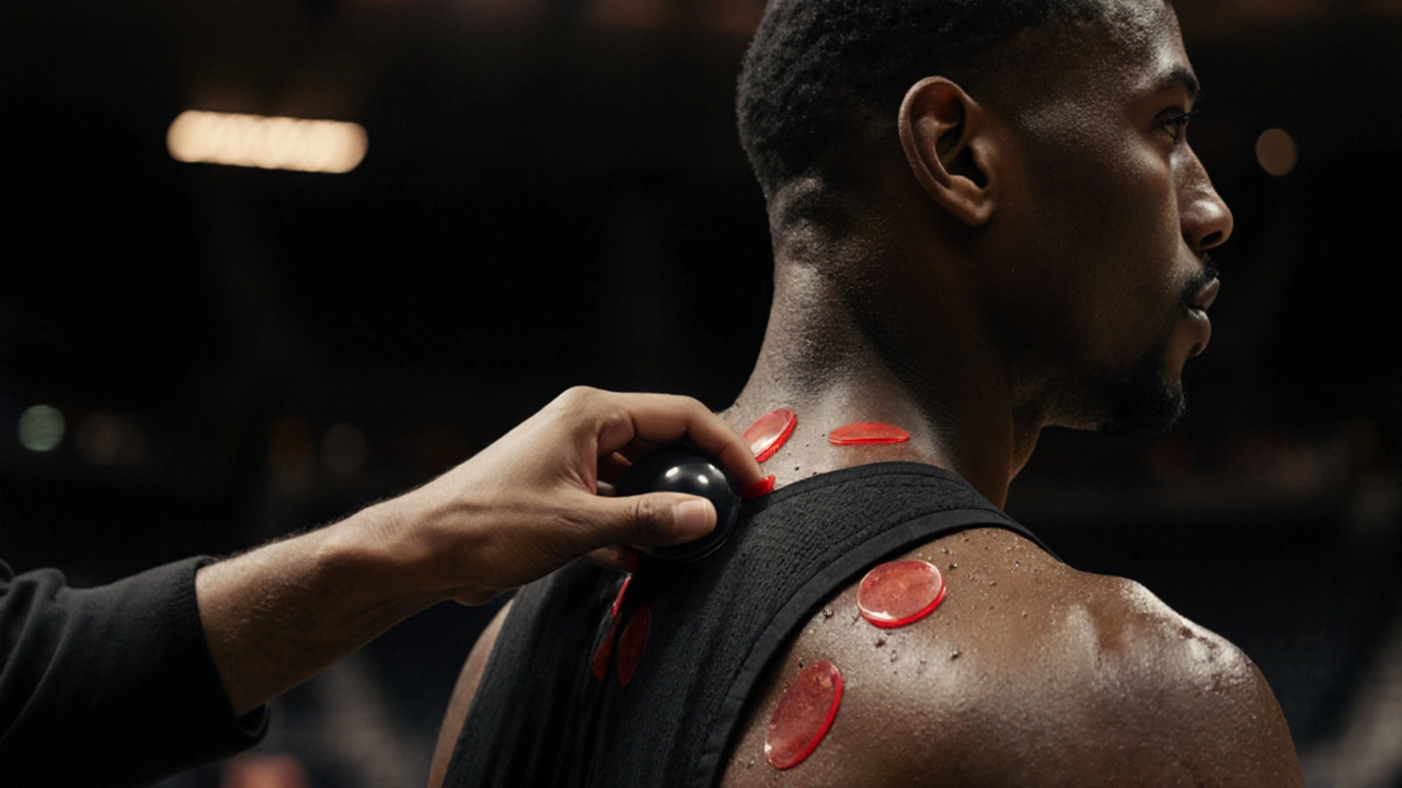 Sports therapist using silicone cups on NBA player&#039;s back during recovery session
