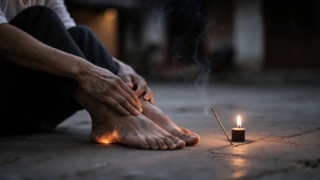 Therapist&#039;s and client&#039;s hands resting gently on bare feet after a massage, with soft golden light emanating.
