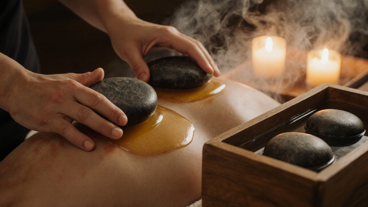 Therapist&#039;s hands moving a heated stone over a relaxed back, oil glistening under soft light.