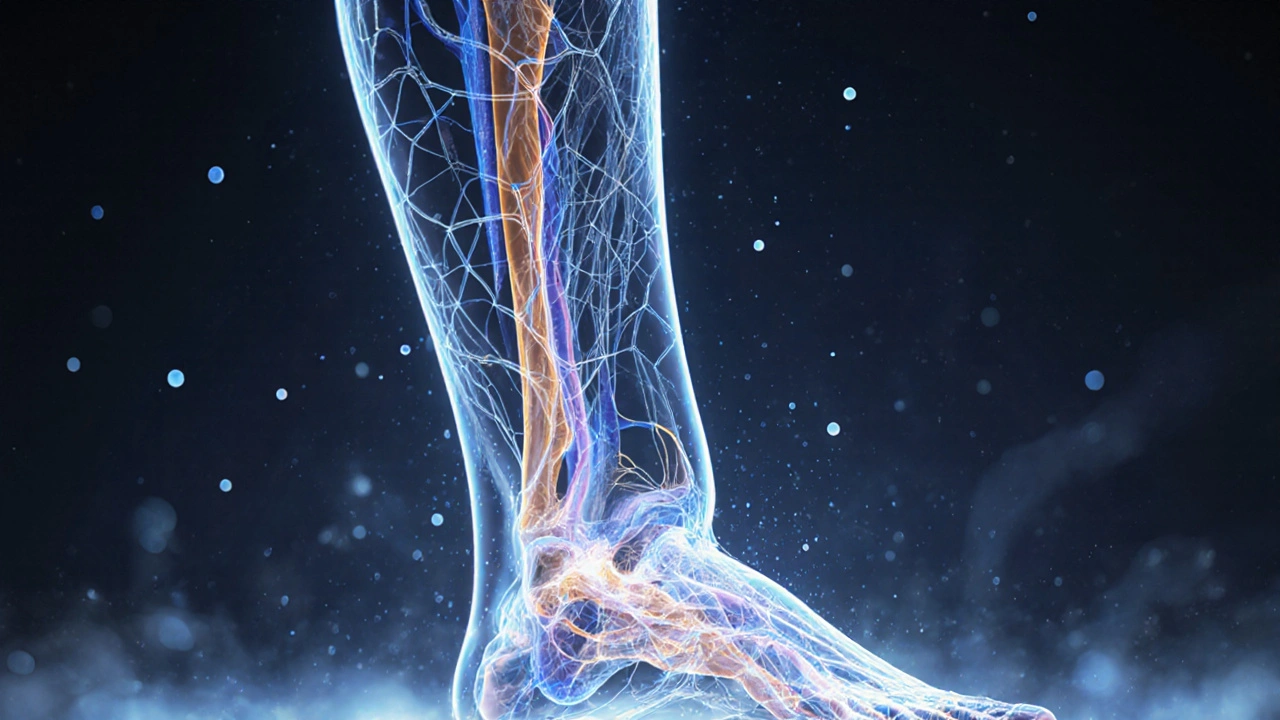 Translucent network of fascia connecting the foot to the skull with glowing fluid pathways.