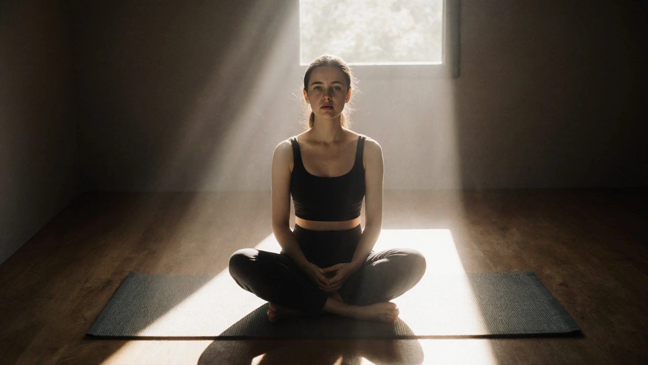 Woman sitting peacefully after shiatsu, hands on abdomen, radiating calm in soft morning light.