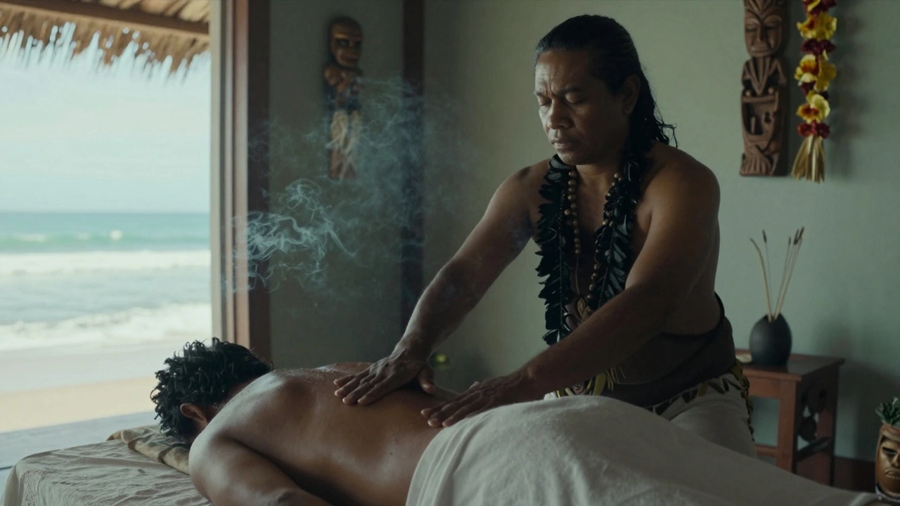 A Kahuna performing lomilomi massage with flowing hand motions, ocean light streaming through a window.
