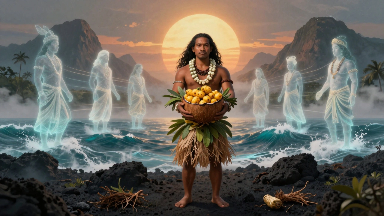 A Kahuna standing on native land, surrounded by ancestral energy and healing plants under a rising sun.