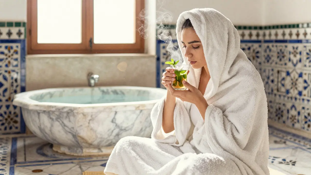 A person wrapped in a towel sipping mint tea in a quiet hammam resting area, sunlight illuminating the calm space.