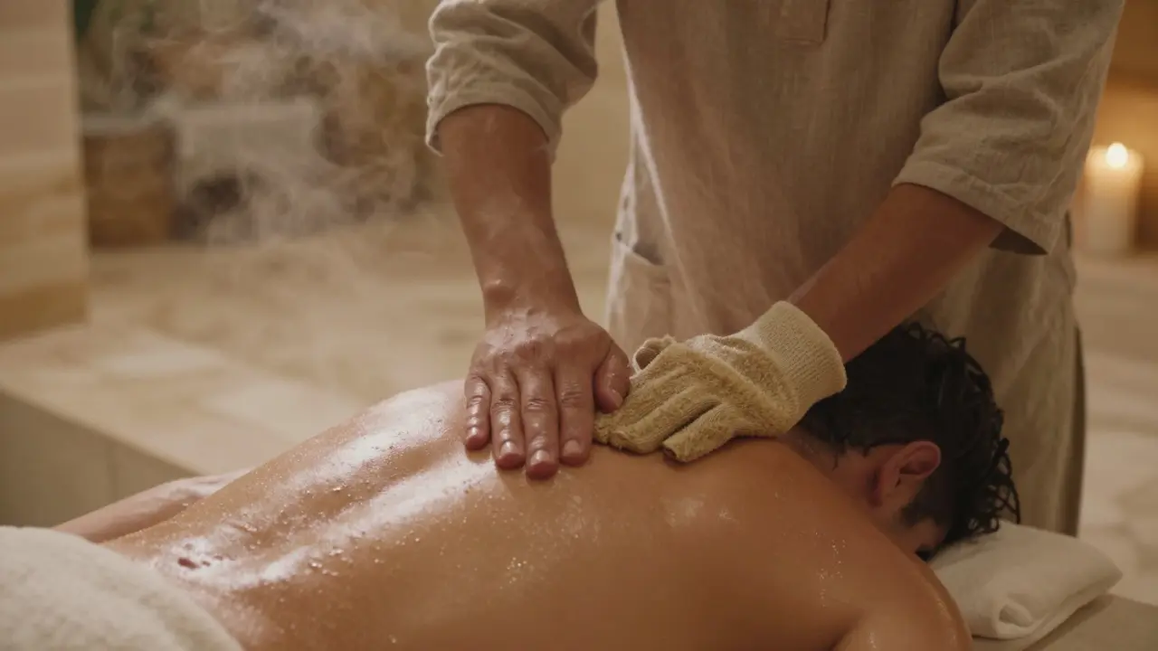 A therapist scrubbing a client's back with a coarse glove in a steam-filled hammam, water droplets glistening on skin.