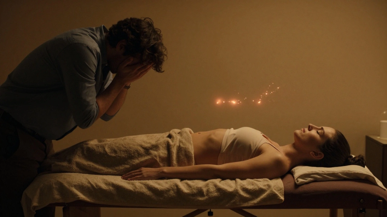 Before-and-after contrast of a person releasing chronic tension, from stressed posture to deep relaxation after fire massage.