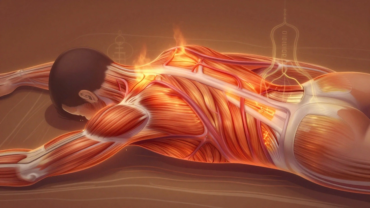 Stylized heat waves penetrating muscle tissue, symbolizing increased circulation and endorphin release during fire massage.