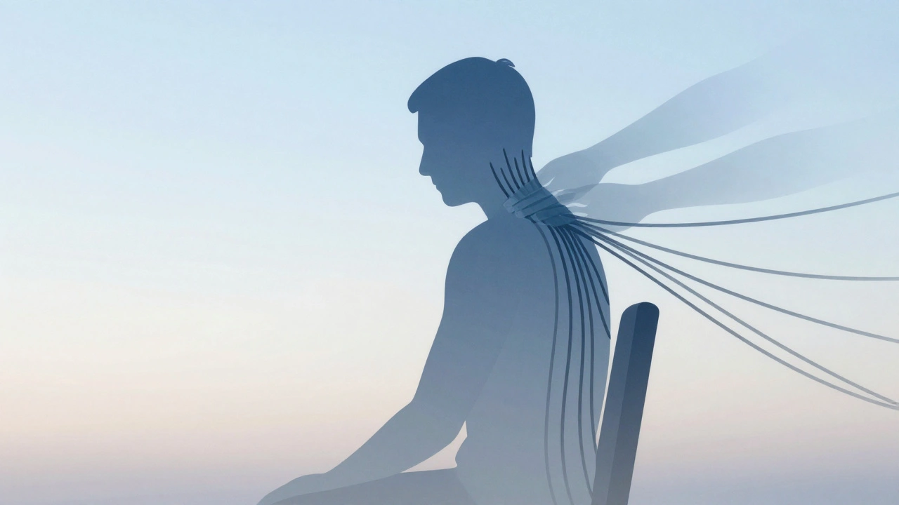 Symbolic image of tension cords being released from shoulders by gentle hands.