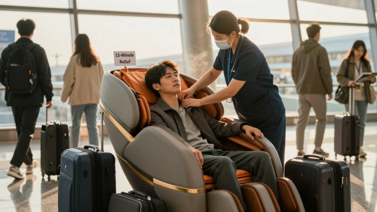 Traveler receiving a quick chair massage in a busy airport terminal.
