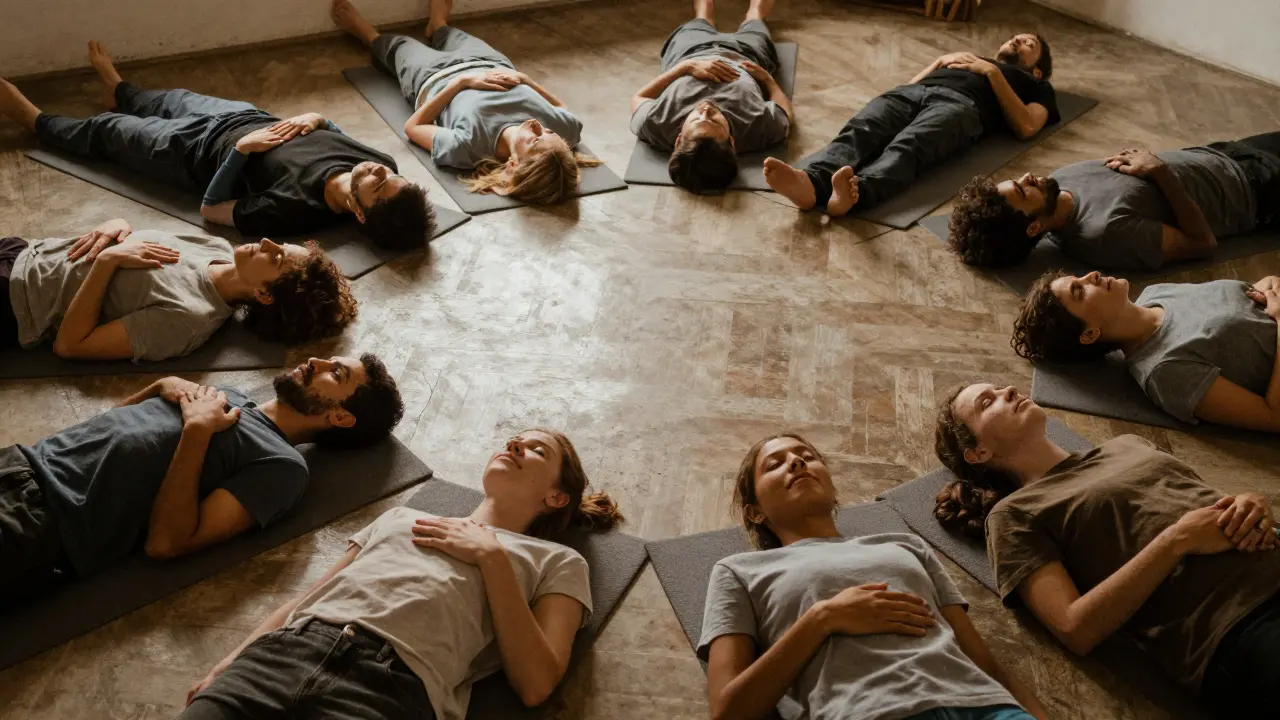 A circle of people lying still on mats, each in quiet self-care, bathed in soft natural light.