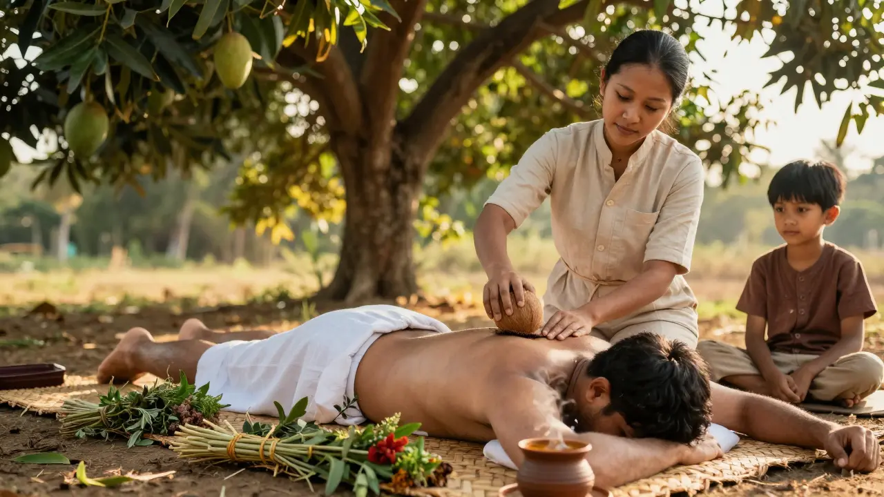 A manghihilot uses a coconut shell to massage a man’s spine under a mango tree, surrounded by herbs and warm evening light.