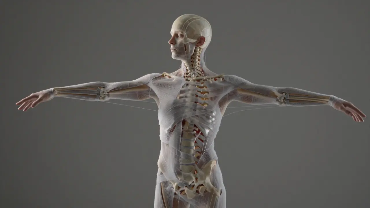 A translucent human figure with fascia webbing showing misalignment versus corrected structural integration.