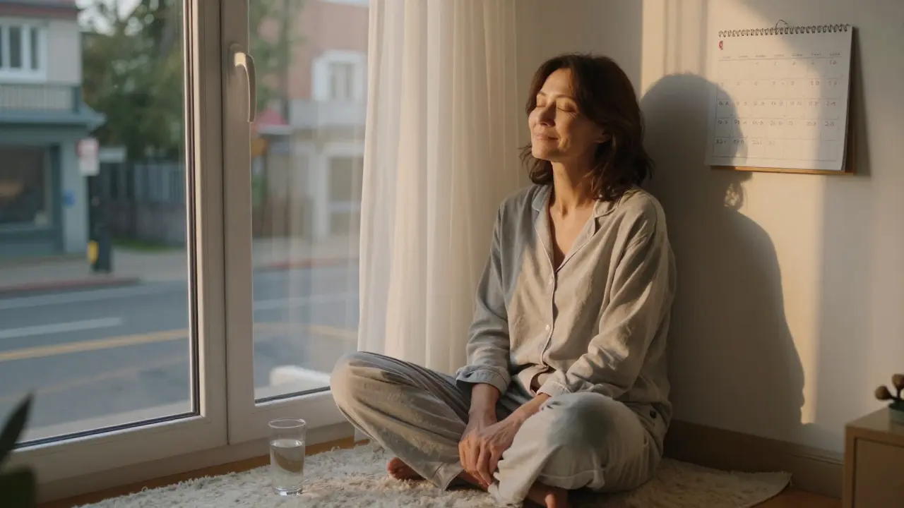 A woman at dawn, smiling peacefully after a massage, sitting quietly by a sunlit window in comfortable clothes.