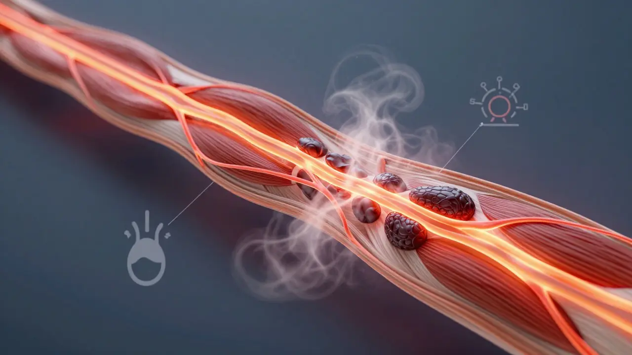Abstract visualization of muscle fibers glowing with improved blood flow after massage.