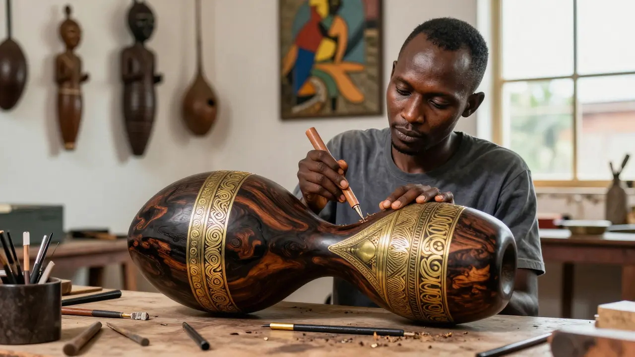 An artist carving a modern rungu with brass inlay in a sunlit studio.