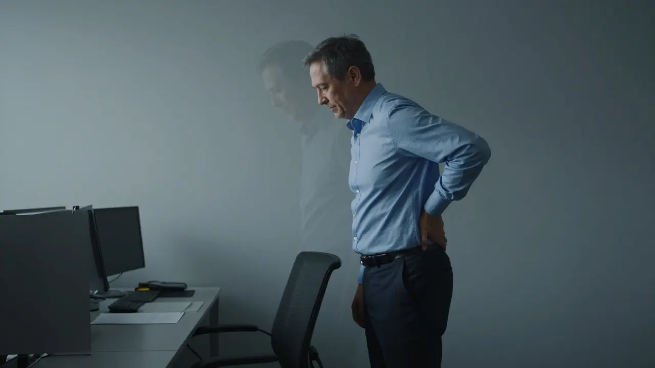 An office worker standing tall beside their chair, with a fading ghost image of their old slouched posture.
