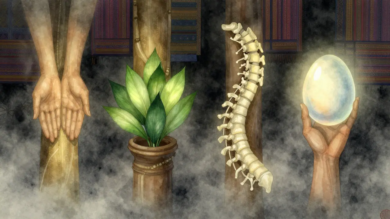 Four abstract symbols—hands, leaves, spine, and egg—float in a misty twilight space representing the pillars of hilot healing.