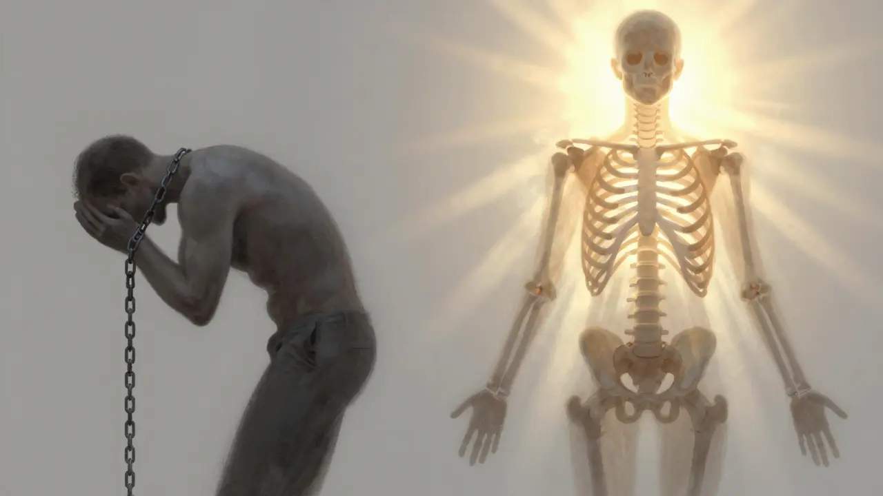 Split silhouette showing transformation from hunched posture to aligned, upright stance.