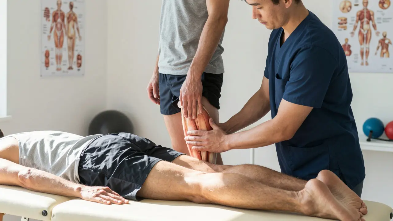 Therapist working on cyclist's IT band in a sports medicine clinic with anatomical charts.