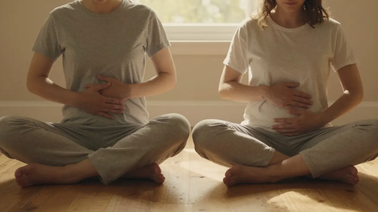 Two people sitting quietly on the floor, one hand on belly, breathing deeply, no words, just presence.