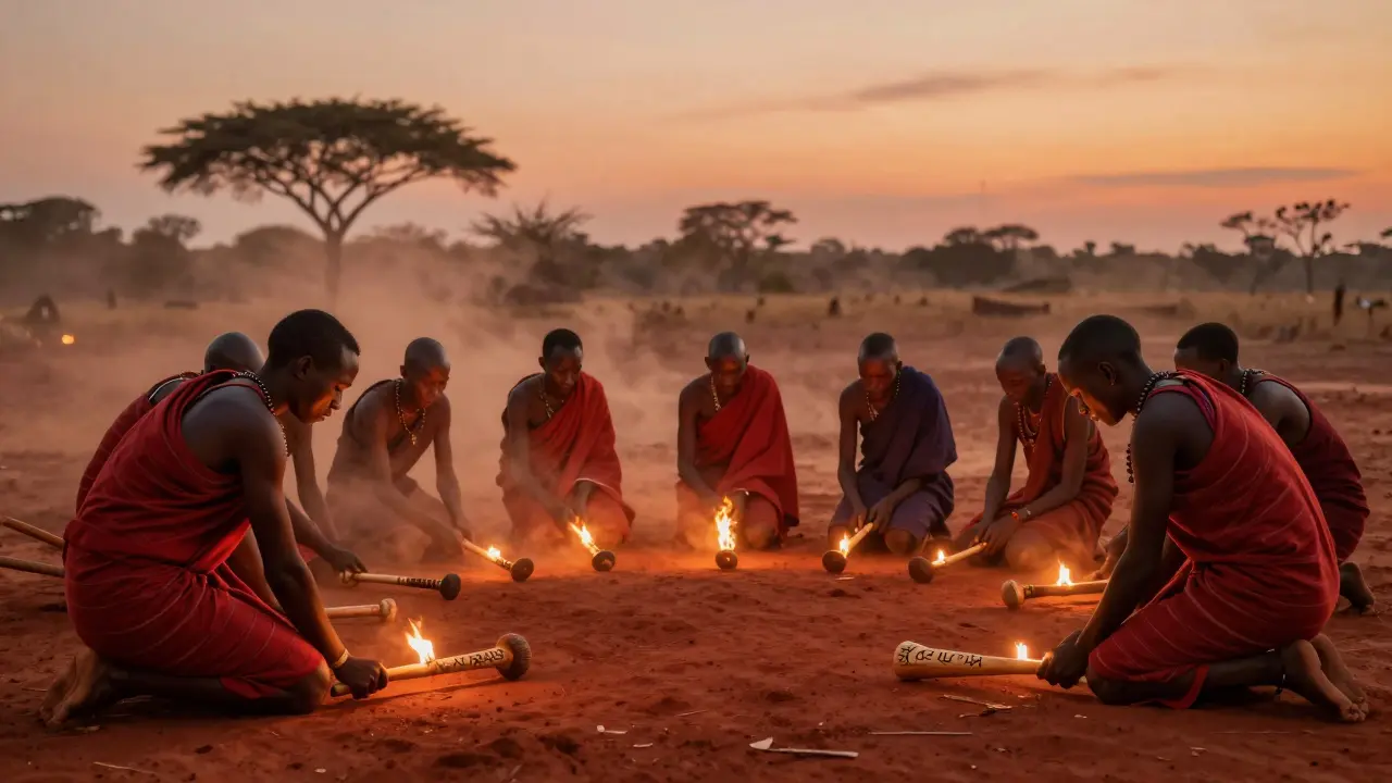 Young warriors laying down their rungus during a ceremonial Eunoto ritual.