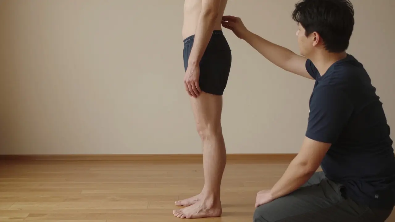 A practitioner observes a client’s posture during a Hellerwork session, noting subtle body misalignments.