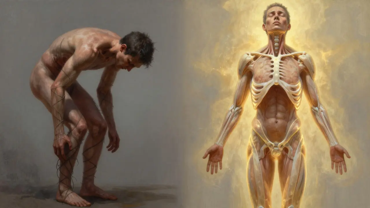 A split image showing transformation from tense, misaligned body to aligned, free-moving posture.
