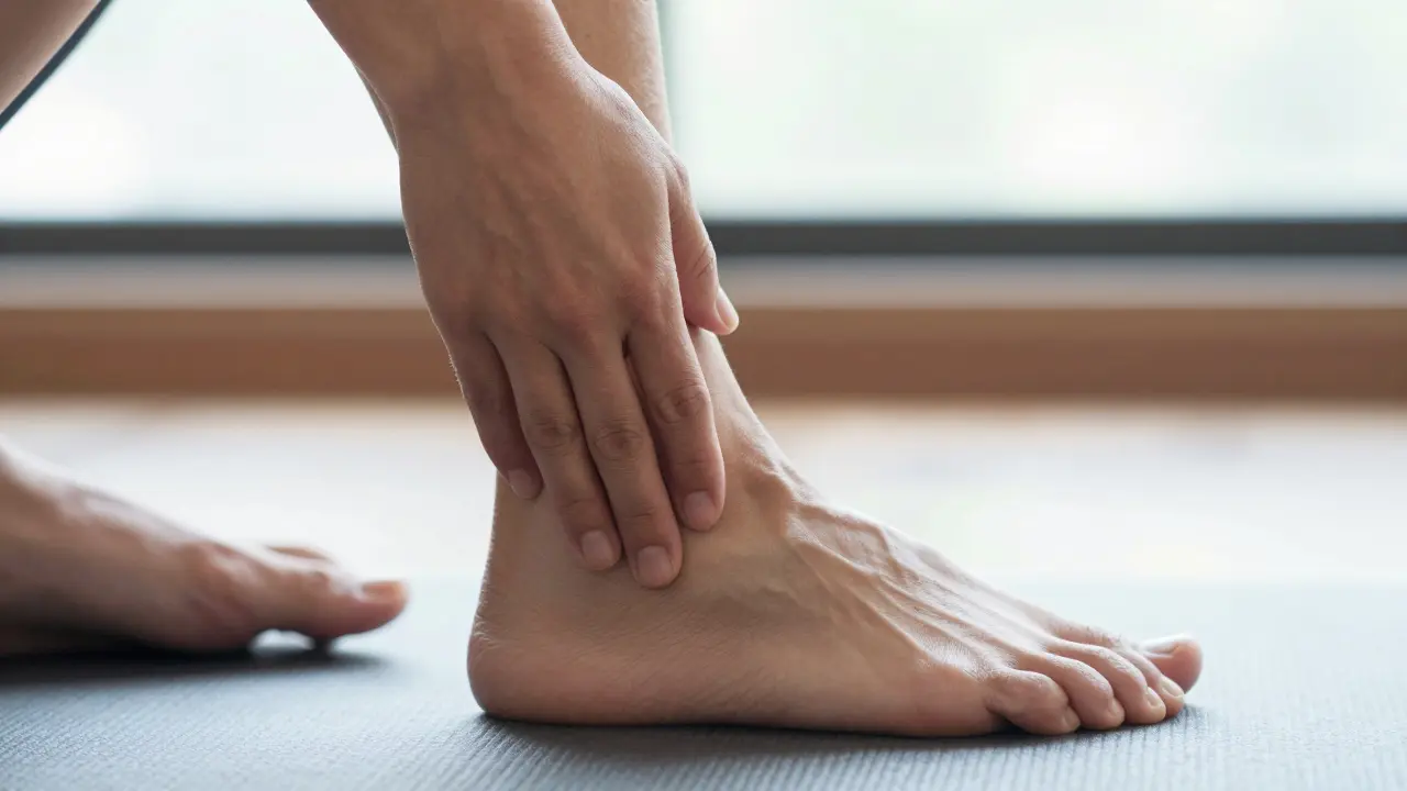 Close-up of hands gently pressing the inner ankle to activate the Spleen 6 acupressure point during seated yoga.