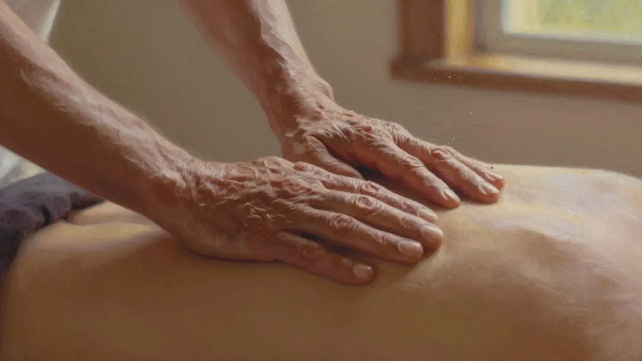 Hands performing gentle lomilomi massage, with golden light highlighting the flow of energy between skin and palm.